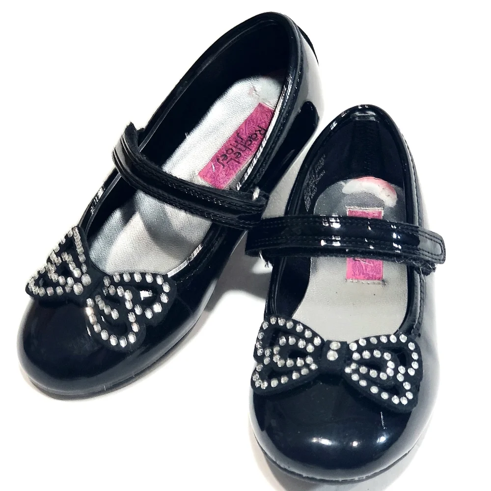 Rachel Shoes Lil Bianca 17247 Black Mary Jane Flats Rhinestone Bow Shoe Size 10M